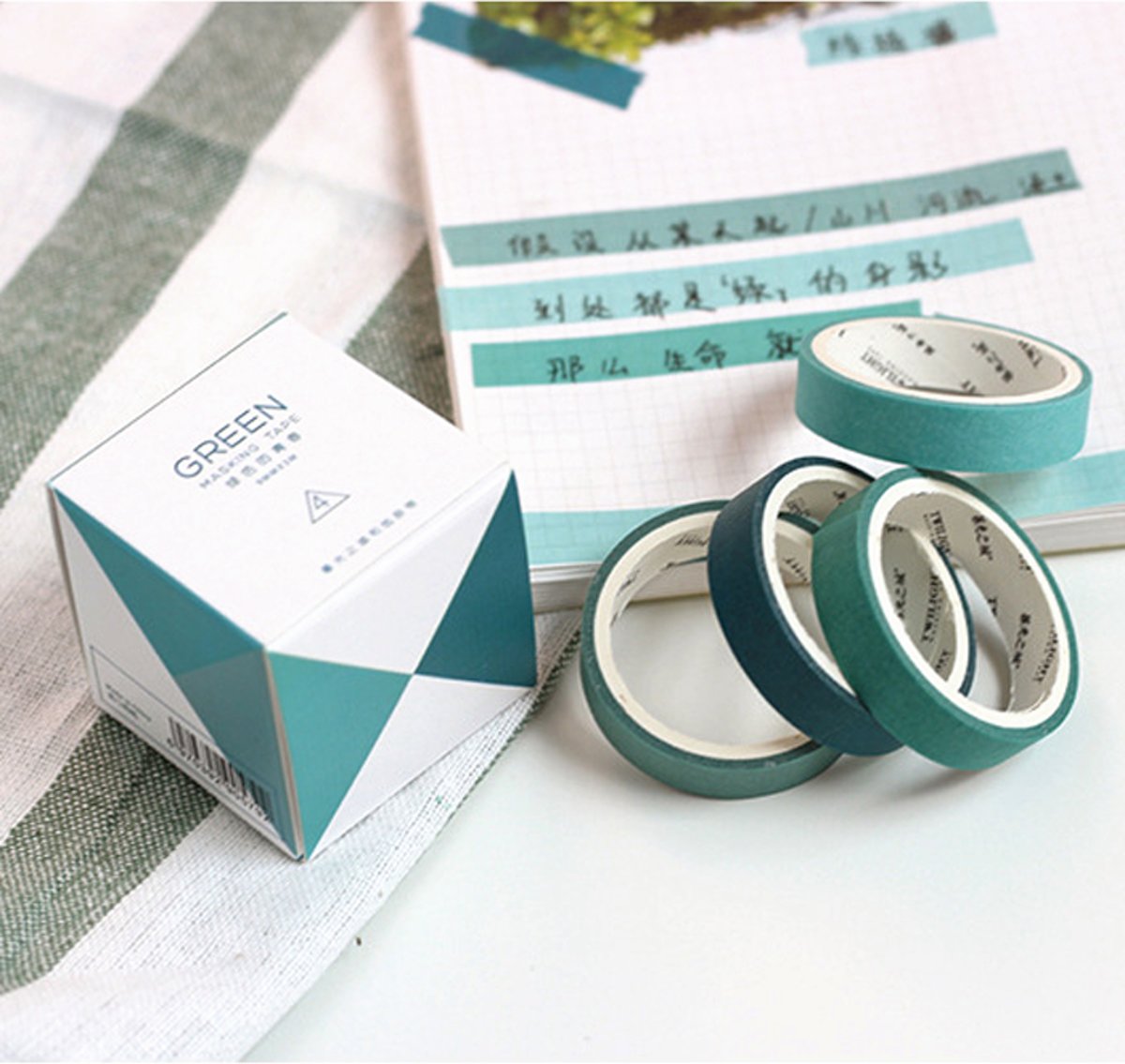 Set van 4 verschillende rolletjes Washi Tape Green| Washi Tape in verschillende koele tinten| Beschrijfbaar Washi Tape | 4 rolletjes Washitape in verschillende tinten | Masking Tape Japans